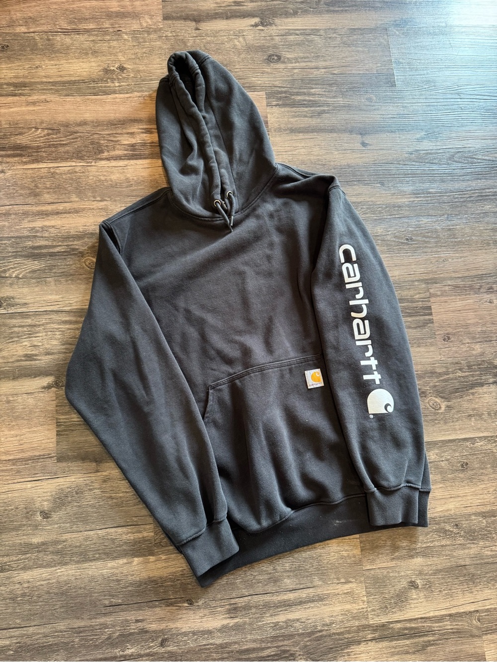 Carhartt Faded Black Sleeve Logo Workwear Hoodie Sweatshirt Men’s M Loose Fit